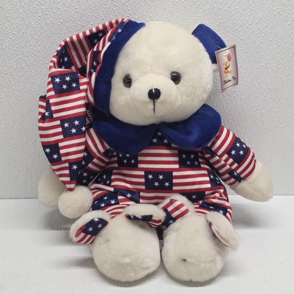 Vintage Shalom Patriotic Bear Pajamas Plush & Bunny Slippers Red White & Blue